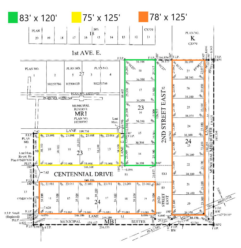 Centennial Subdivision map with sizes